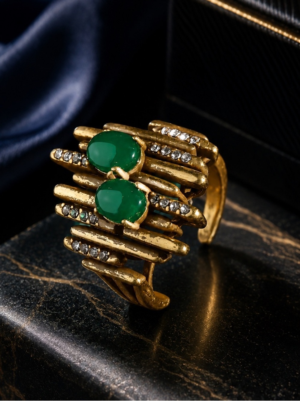 Vintage Gold-Tone Green Stone Statement Ring by